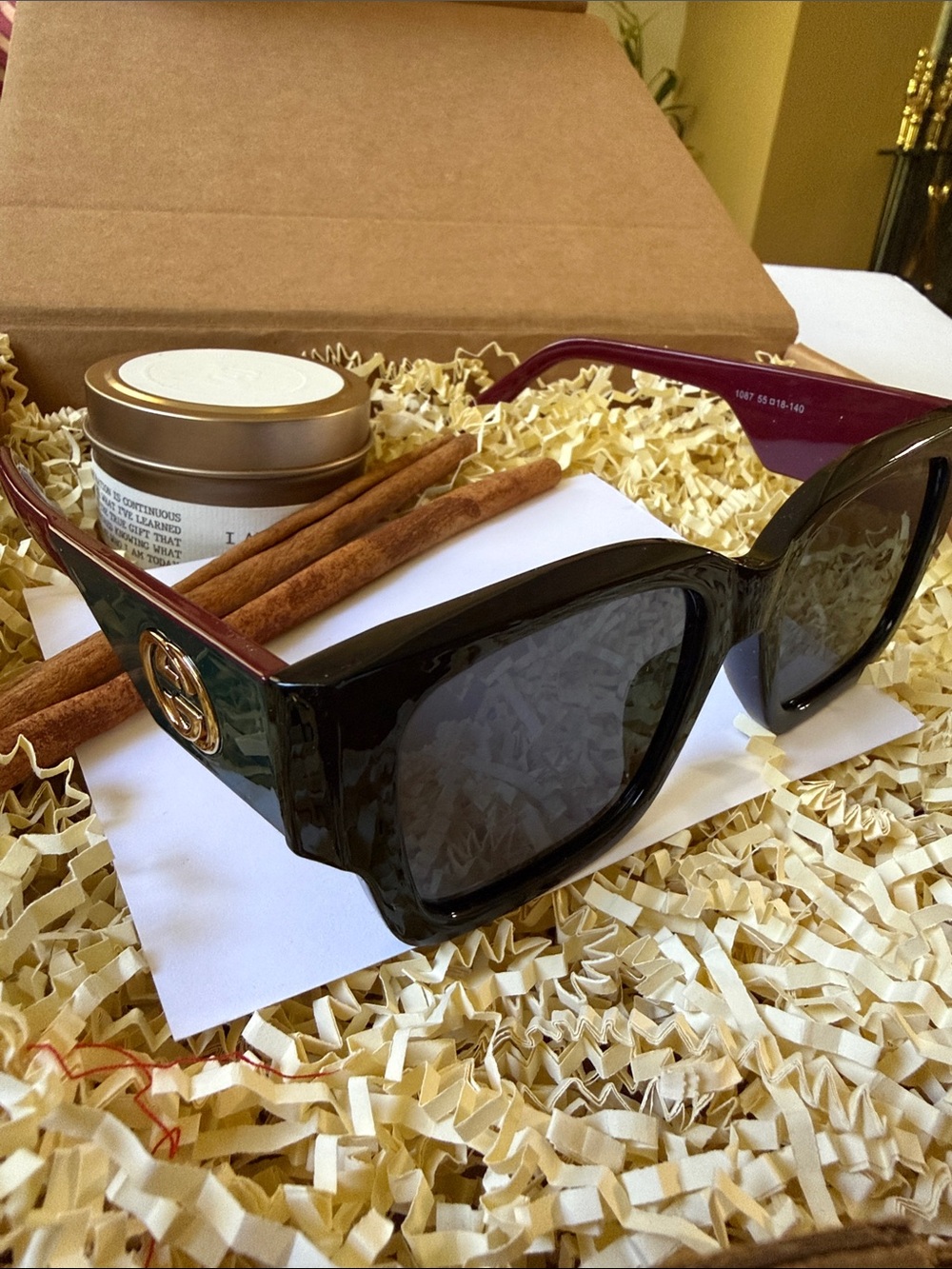 Women’s Black and Burgundy Oversized Sunglasses with Gold Logo Accent